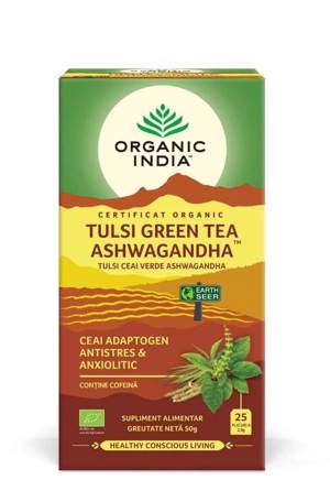 Ceai Bio Tulsi Ashwagandha si Ceai Verde, 25 plicuri, Organic India 